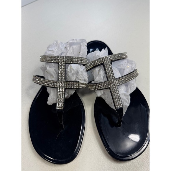 Rhinestone‎ Thong Sandals Women's Black Jelly Slides Casual Sparkle Summer - Picture 3 of 6